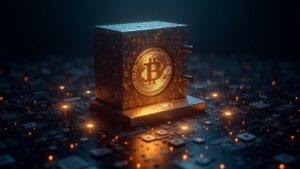 computadora cuántica frente a una bóveda de bitcoin iluminada, rodeada de escudos postcuánticos y nodos de blockchain