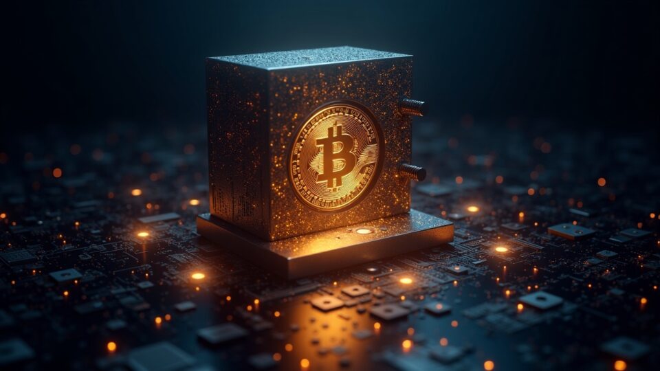 computadora cuántica frente a una bóveda de bitcoin iluminada, rodeada de escudos postcuánticos y nodos de blockchain