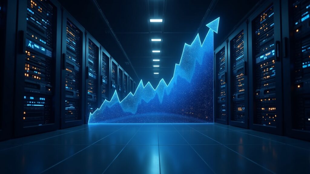 Futuristic data center: GPU racks morph from Bitcoin mining rigs to AI HPC servers, with a rising market chart.