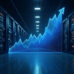 Futuristic data center: GPU racks morph from Bitcoin mining rigs to AI HPC servers, with a rising market chart.