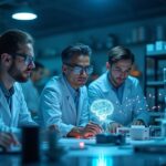 Científicos en laboratorio de alta tecnología con modelos de IA brillantes conectados por nodos de blockchain, en una red descentralizada impulsada por Solana