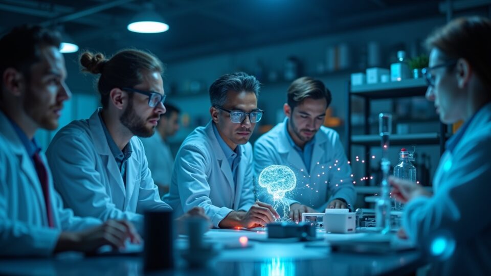 Científicos en laboratorio de alta tecnología con modelos de IA brillantes conectados por nodos de blockchain, en una red descentralizada impulsada por Solana