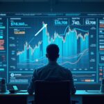 Photorealistic crypto trader in a newsroom with holographic BTC, ETH, XRP, SOL and 5x arrows, amid a regulatory backdrop.