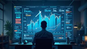 Photorealistic crypto trader in a newsroom with holographic BTC, ETH, XRP, SOL and 5x arrows, amid a regulatory backdrop.