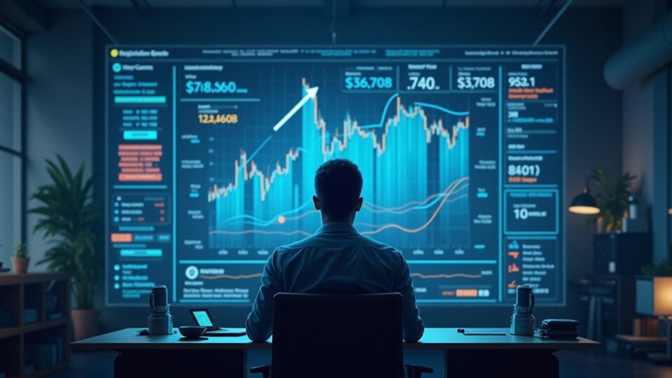 Photorealistic crypto trader in a newsroom with holographic BTC, ETH, XRP, SOL and 5x arrows, amid a regulatory backdrop.
