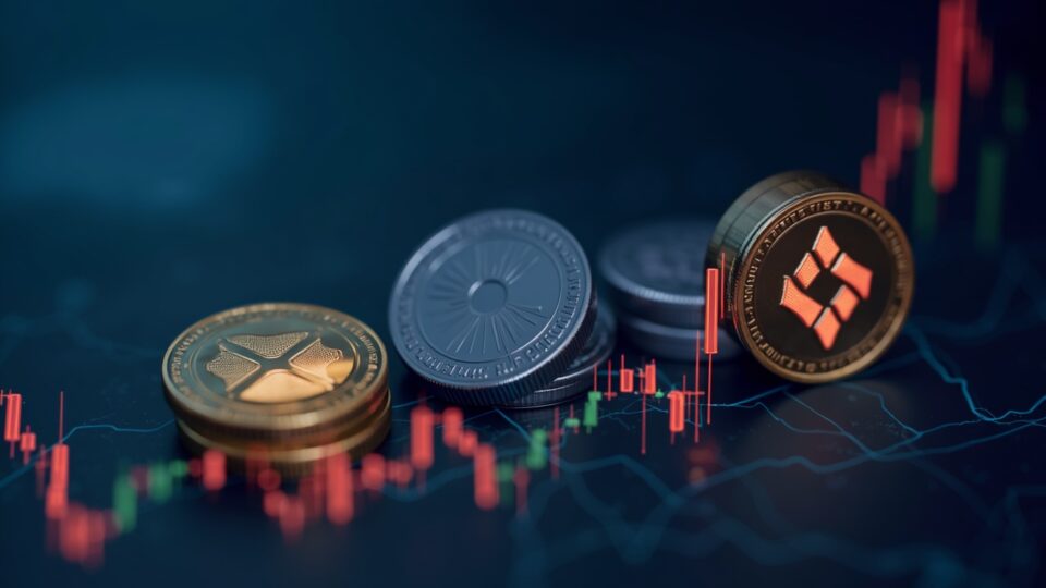 Gráfico de precios ascendente con íconos de Bitcoin, XRP y Solana; CME al fondo, enfoque en cobertura y regulaciones.