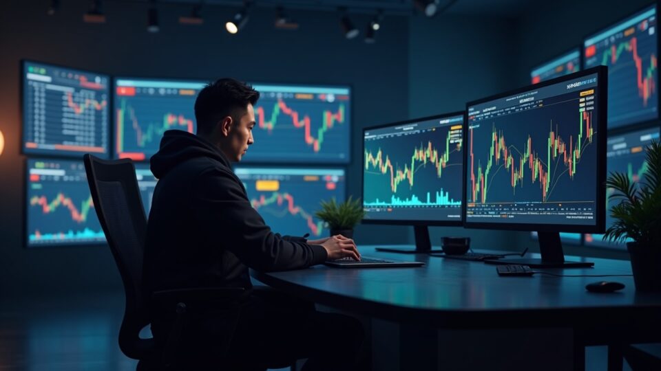 Trader cripto en sala de noticias, pantallas muestran movimientos de Bitcoin y símbolos EE. UU. y China.