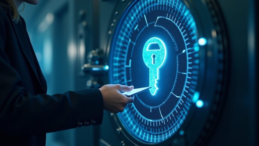 Bóveda de trust estatal con llaves cripto holográficas y un oficial de cumplimiento aprueba políticas de custodia.