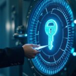 Bóveda de trust estatal con llaves cripto holográficas y un oficial de cumplimiento aprueba políticas de custodia.