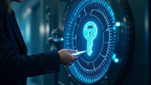 Bóveda de trust estatal con llaves cripto holográficas y un oficial de cumplimiento aprueba políticas de custodia.