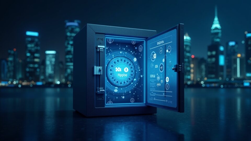 Centro de bóveda digital segura con iconos de tokens flotando, logotipos Ripple y Absa, MPC y HSM, skyline de Johannesburgo