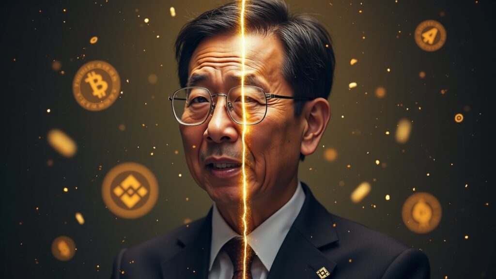 Retrato central de CZ, fondo dividido: Binance celebra frente a advertencias de DeFi sobre centralización, BNB y Aster DEX.