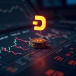 Logotipo de Dash ascendiendo sobre una mesa de trading tecnológica, con gráficos de precios y flujos de datos brillantes