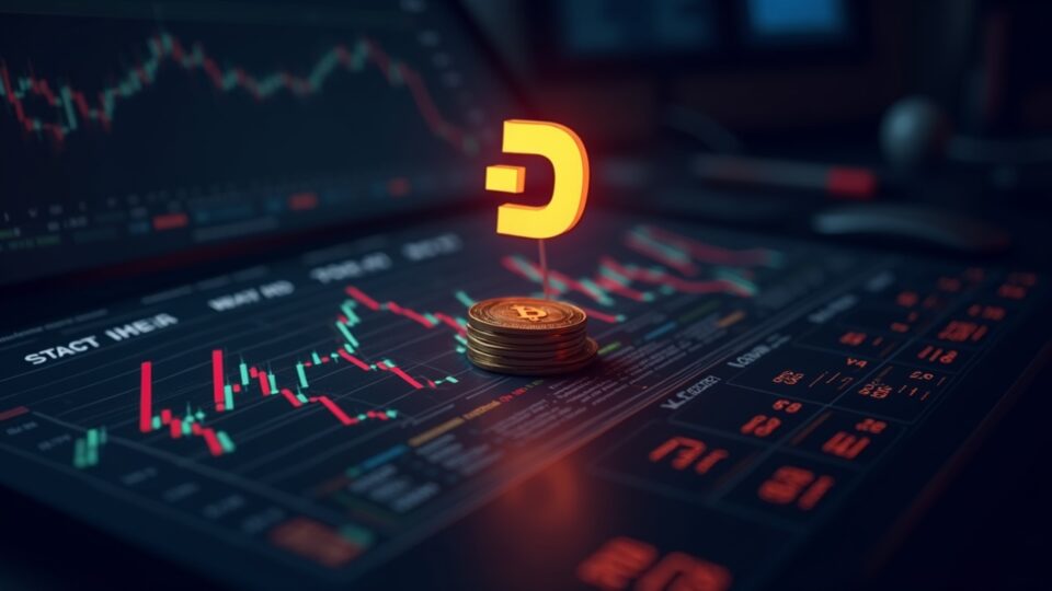 Logotipo de Dash ascendiendo sobre una mesa de trading tecnológica, con gráficos de precios y flujos de datos brillantes