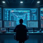 Operador en sala de noticias fotorealista, frente a vidrio; pantallas con caídas de altcoins y liquidaciones automaticas.