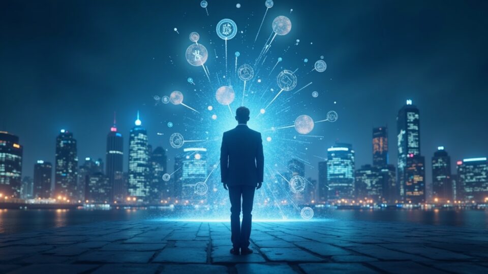 Analista financiero en primer plano; stablecoins holográficas y activos tokenizados emergen desde un libro mayor digital.