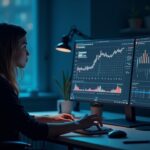 Analista en un escritorio revisa dashboards cripto con alertas sobre datos de Aster, señalando cautela.