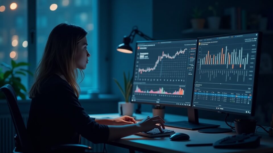 Analista en un escritorio revisa dashboards cripto con alertas sobre datos de Aster, señalando cautela.