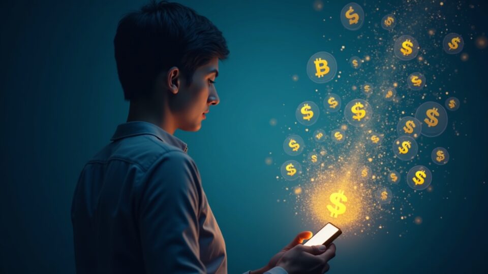 Figura central con smartphone; flujos de dólar y stablecoins desde bancos hacia una bóveda digital, simbolizando dollarización digital.