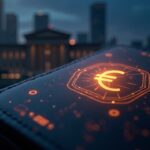 Billetera digital con símbolo de euro luminoso, edificio del BCE al fondo y una red de circuitos