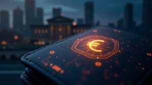 Billetera digital con símbolo de euro luminoso, edificio del BCE al fondo y una red de circuitos