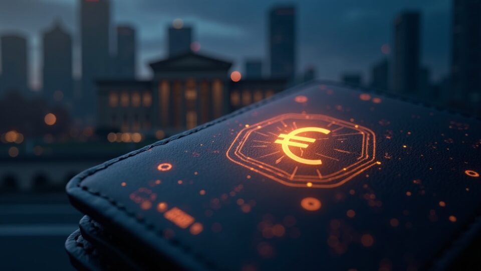 Billetera digital con símbolo de euro luminoso, edificio del BCE al fondo y una red de circuitos