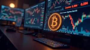 Mesa de trading cripto fotorrealista con logo DOGE y línea de precio 0,194, pantallas con gráficos volátiles.