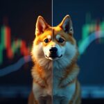 Moneda DOGE fotorealista, pantalla dividida: gráfico rompe soporte; equipo cripto revisando riesgos a la derecha.