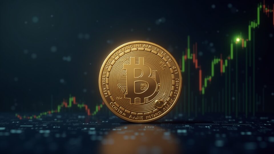 Moneda Dogecoin fotorealista centrada con gráfico de bolsa que muestra mínimo de 13 meses y pequeña subida verde.