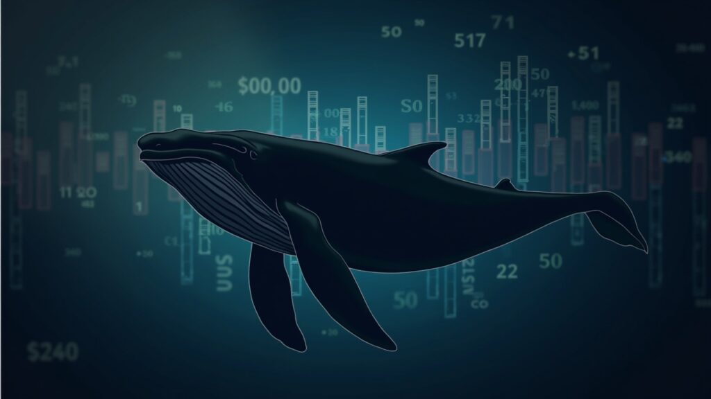 Ballena fotorealista sobre gráfico de Dogecoin cerca de 0,20 USD, fondo con código blockchain y brillo de sala de noticias.
