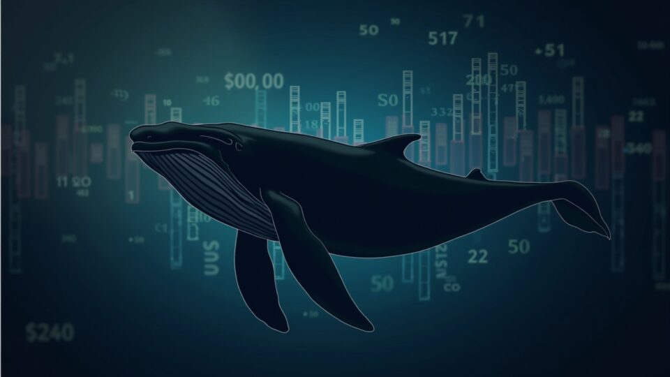 Ballena fotorealista sobre gráfico de Dogecoin cerca de 0,20 USD, fondo con código blockchain y brillo de sala de noticias.