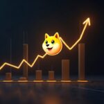 Logotipo de Dogecoin superando líneas de resistencia en un panel DeFi, señalando impulso alcista.