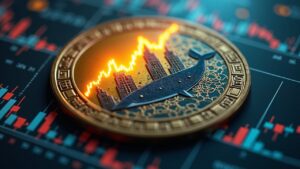 Logotipo de Dogecoin, gráfico en ascenso, siluetas de ballenas y torre Nasdaq, señalando adopción institucional.