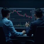 Trader cripto en sala de trading con pantallas mostrando el gráfico de Dogecoin y niveles 0.1860 y 0.24, con RSI y MACD.
