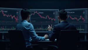 Trader cripto en sala de trading con pantallas mostrando el gráfico de Dogecoin y niveles 0.1860 y 0.24, con RSI y MACD.