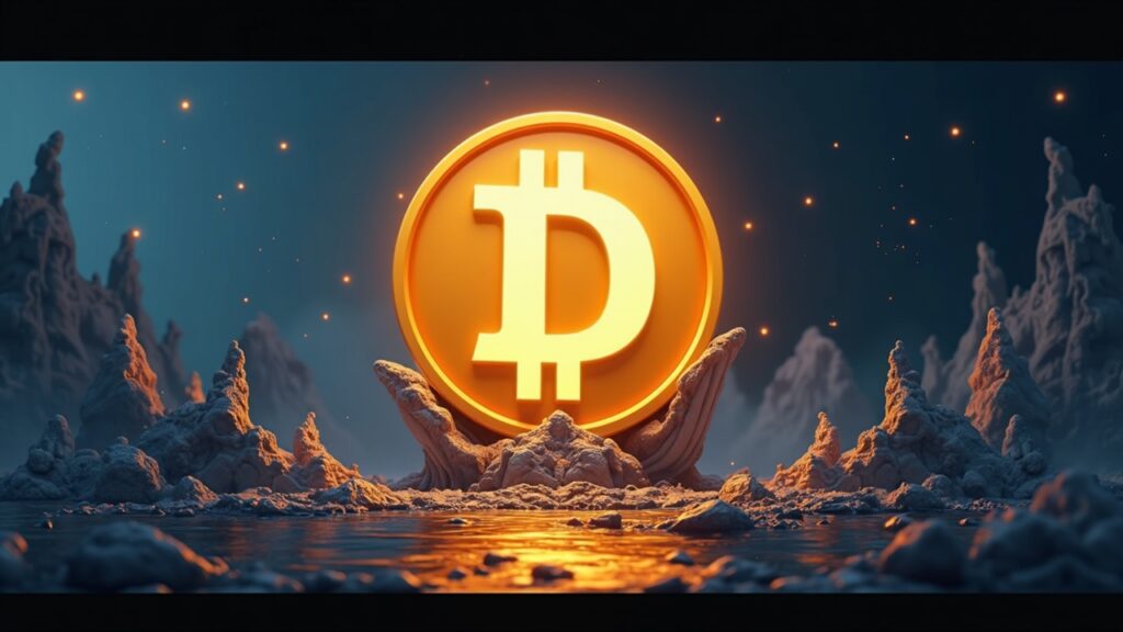 Header fotorealista con el logo de Dogecoin, gráficos de precio y siluetas de ballenas moviendo DOGE a exchanges
