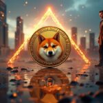 Dogecoin en el centro con un triángulo descendente, figura sutil de Elon Musk y una ciudad cripto futurista de fondo.