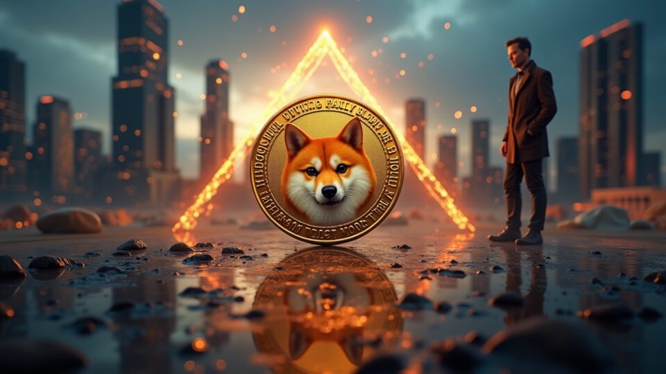 Dogecoin en el centro con un triángulo descendente, figura sutil de Elon Musk y una ciudad cripto futurista de fondo.