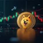 Dogecoin en primer plano rompiendo la barrera de 0,21$ con gráfico alcista y iconos de ETF y cumplimiento, estilo newsroom.