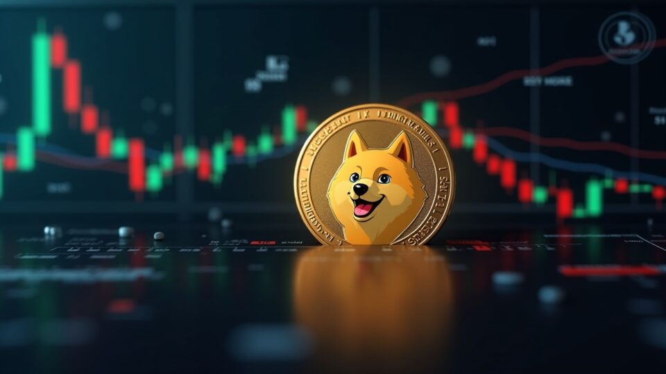 Dogecoin en primer plano rompiendo la barrera de 0,21$ con gráfico alcista y iconos de ETF y cumplimiento, estilo newsroom.