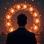Retrato fotorrealista de un fundador tecnológico rodeado de bitcoins, skyline de Dubái y glifos de Telegram.