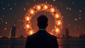 Retrato fotorrealista de un fundador tecnológico rodeado de bitcoins, skyline de Dubái y glifos de Telegram.