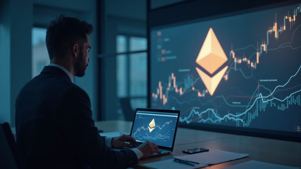 Ejecutivo en sala de juntas mirando gráfico ascendente y logo de Ethereum, ilustrando tesorería en ETH y tokenización.