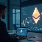 Ejecutivo en sala de juntas mirando gráfico ascendente y logo de Ethereum, ilustrando tesorería en ETH y tokenización.