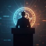 Figura central de líder tecnológico en podio, Bitcoin brillante, líneas de red energética y fiat desvaneciéndose en el fondo