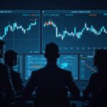 Escena en sala de redacción con tablero digital mostrando BTC y ETH, inversores institucionales y símbolo de recorte de Fed.