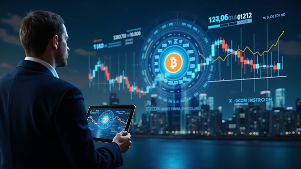 Ejecutivo financiero observa un gráfico de Bitcoin y EPS 8.42 en HUD holográfico, resaltando exposición cripto y riesgo.