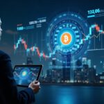 Ejecutivo financiero observa un gráfico de Bitcoin y EPS 8.42 en HUD holográfico, resaltando exposición cripto y riesgo.