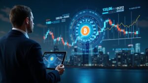 Ejecutivo financiero observa un gráfico de Bitcoin y EPS 8.42 en HUD holográfico, resaltando exposición cripto y riesgo.