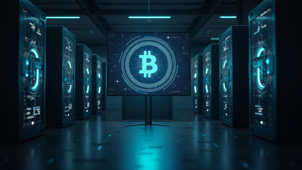 Escena realista en sala de juntas con pantalla de vidrio mostrando la tesorería digital de BTC junto a rigs de minería
